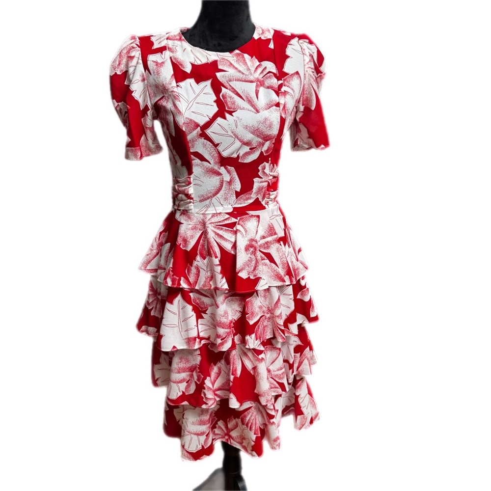 Vintage 80’s TJ Juniors Red Floral  Tiered Skirt  dress size 5/6